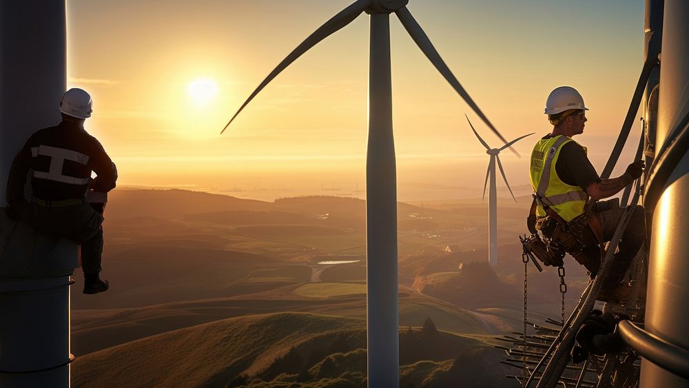 Wind turbine worker checking installation. 