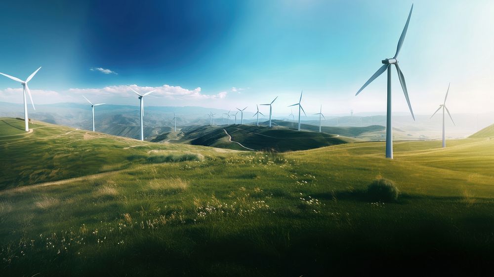 Wind turbines on mountain background. AI generated Image by rawpixel.