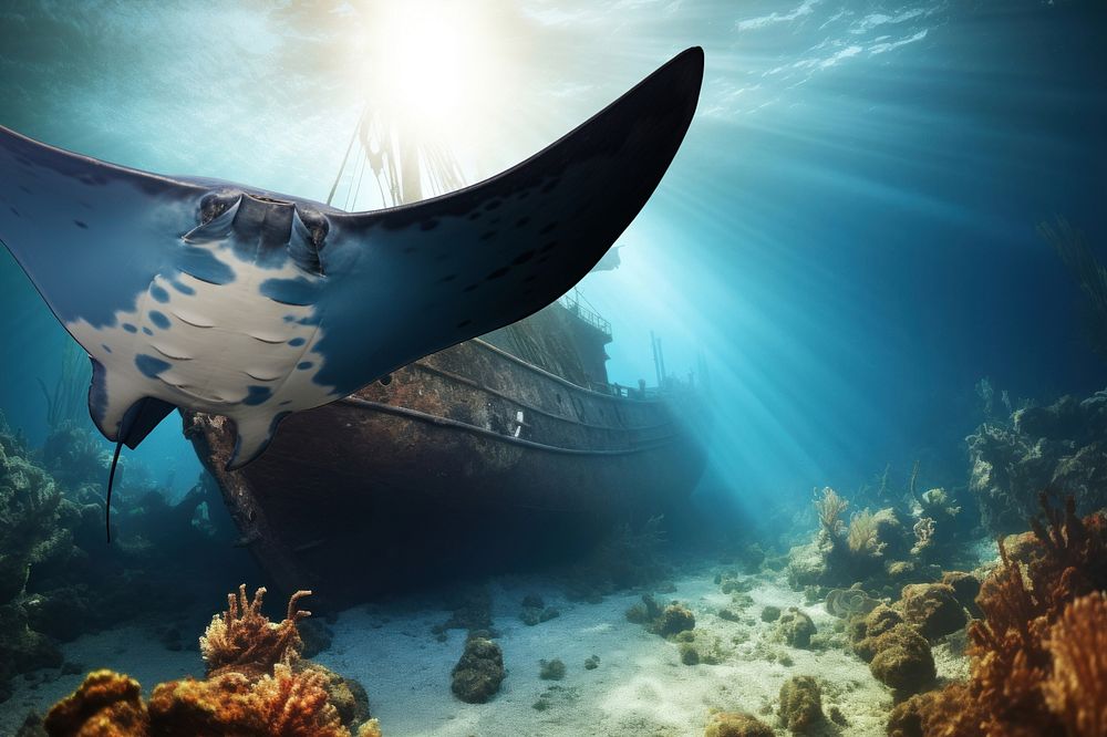 Shipwreck & Manta Ray marine life nature remix