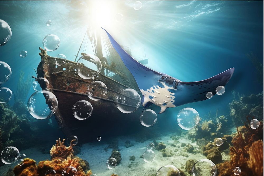 Manta ray & shipwreck marine life nature remix