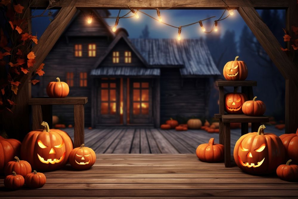 Halloween background pumpkin house wood. AI generated Image by rawpixel.
