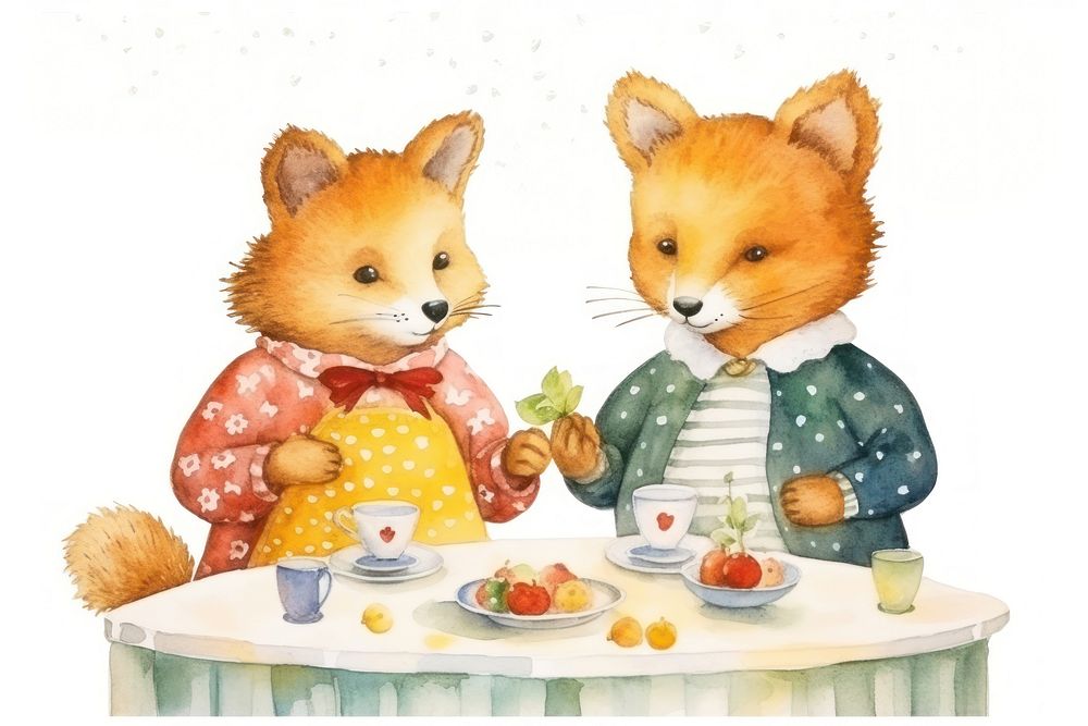 Two fox lover drink tea plate table food. AI generated Image by rawpixel.