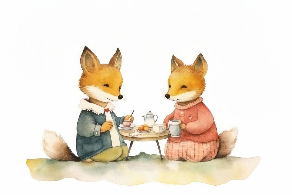 Two fox lover drink tea mammal animal togetherness. AI generated Image by rawpixel.