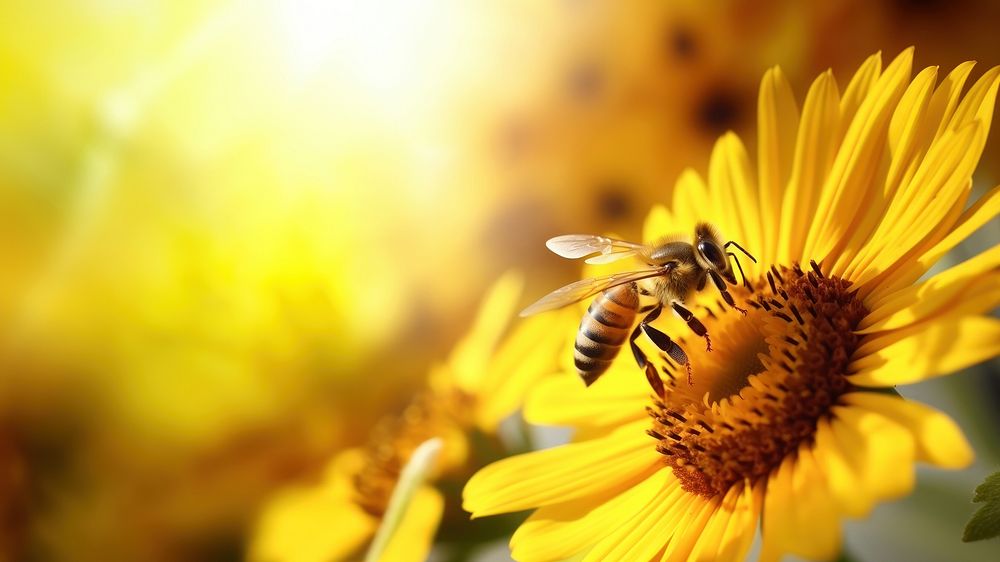 macro shot photo of mininal photo of a bee and sunflower. AI generated Image by rawpixel. 