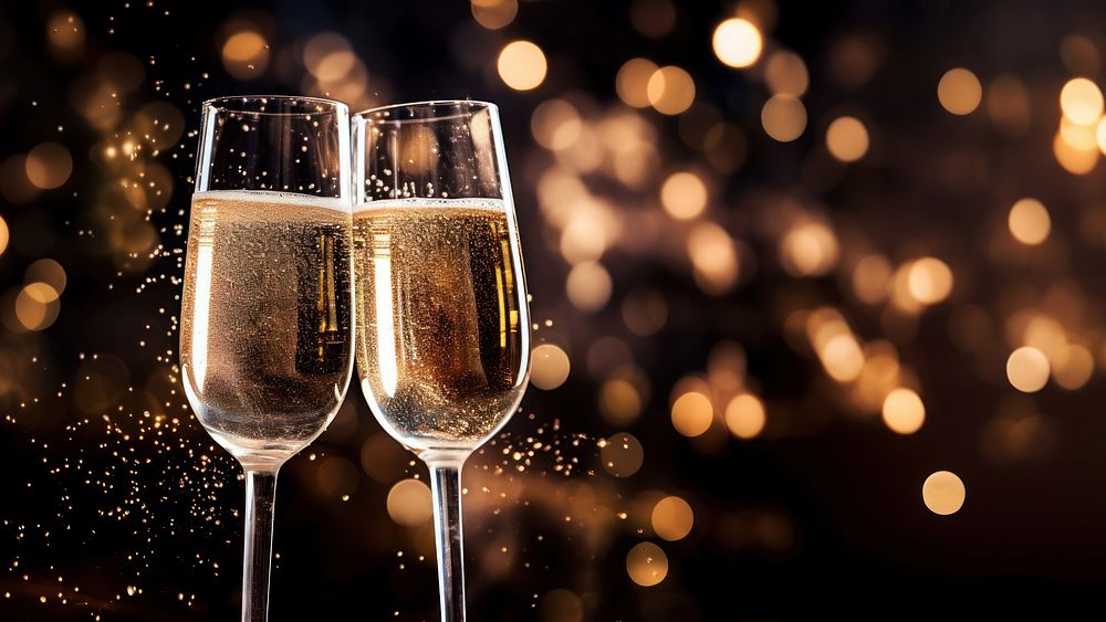 A photo of two champagne glasses with sparkling fireworks in the background.  