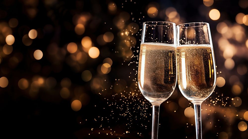 A photo of two champagne glasses with sparkling fireworks in the background.  