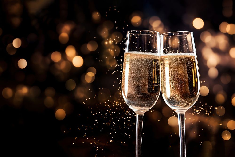 A photo of two champagne glasses with sparkling fireworks in the background.  