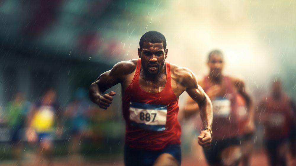 male athletes running on overcast day, blurred another male atheletes follow him.  