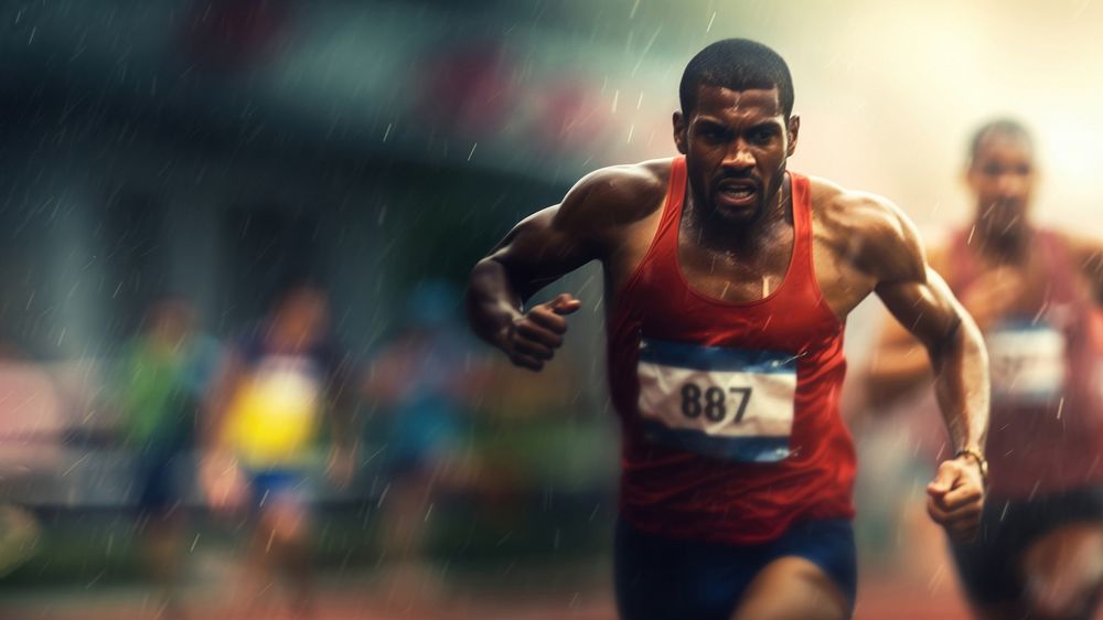 male athletes running on overcast day, blurred another male atheletes follow him. AI generated Image by rawpixel. 