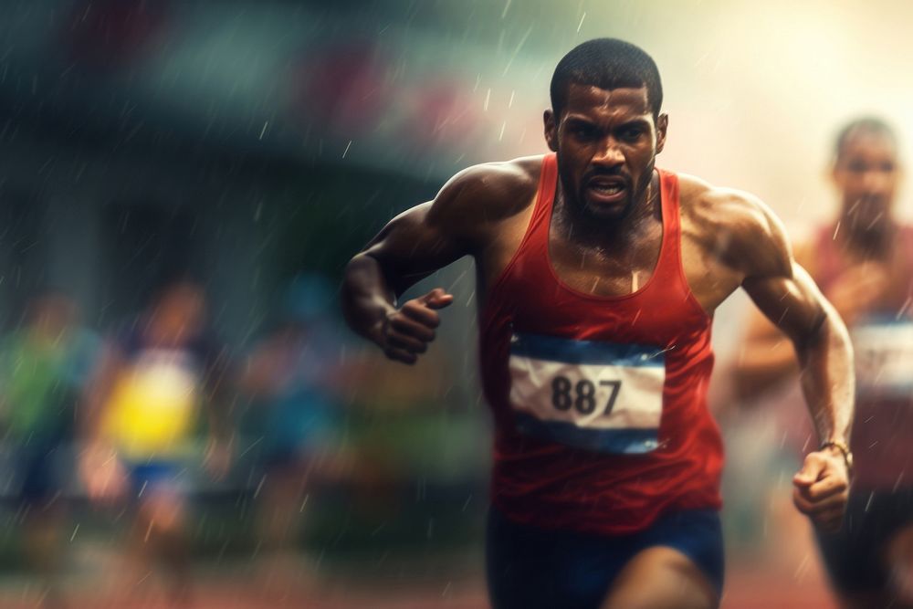 male athletes running on overcast day, blurred another male atheletes follow him.  