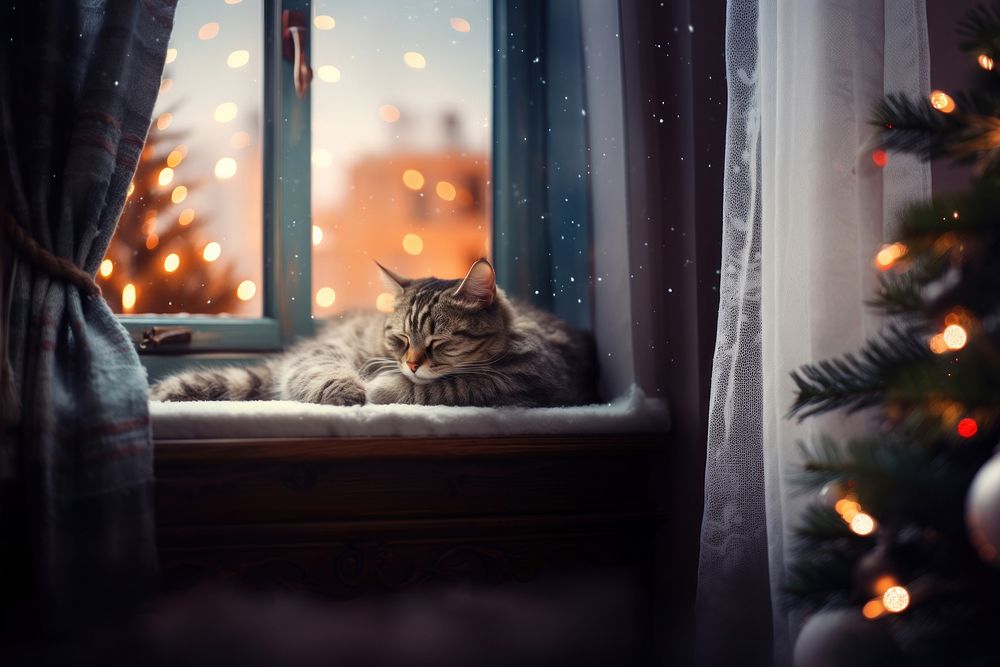 Sleeping cat during Christmas. 