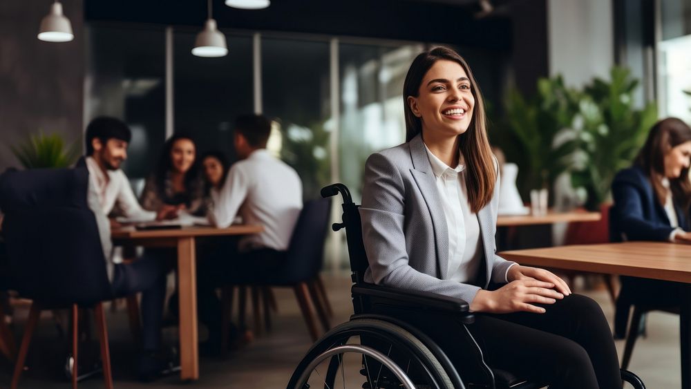 photo of a business woman in wheelchair presenting work in meeting room.  