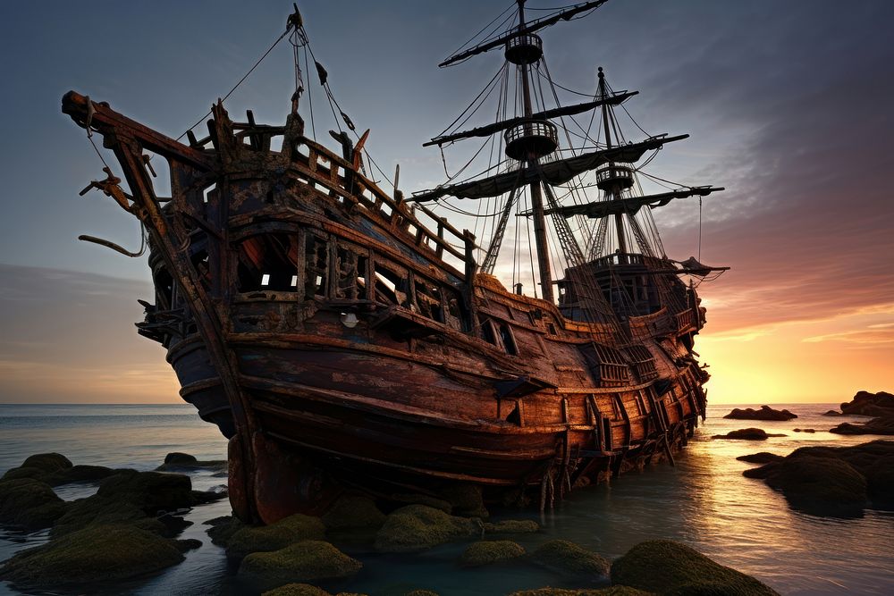 Pirate ship shipwreck outdoors vehicle. AI generated Image by rawpixel.