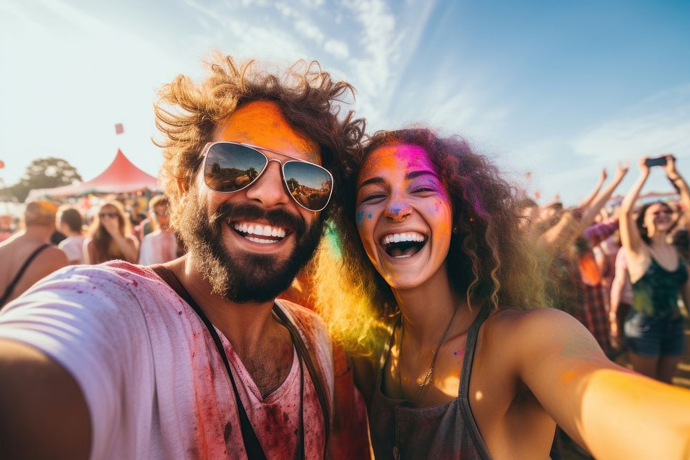 Couple taking selfie festival laughing glasses. 