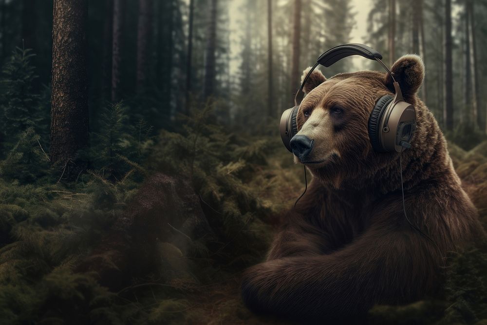Grizzly bear wearing headphones. AI generated Image by rawpixel.