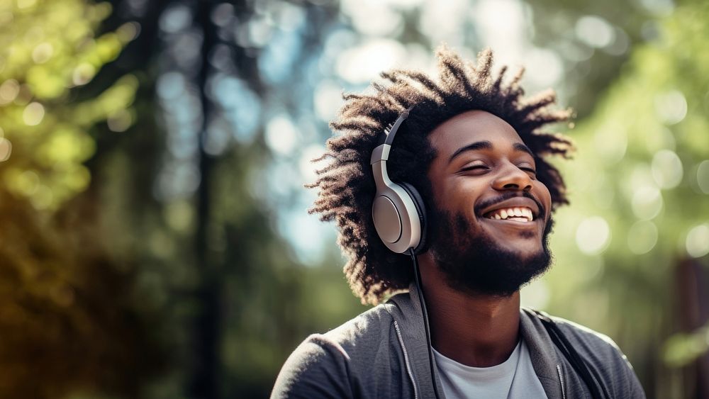 Happy man headphones listening outdoors.  