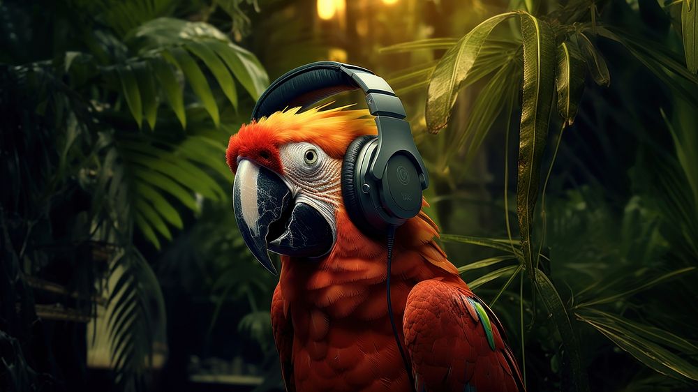 photo of parrot wearing headphone on the branch, space, photorealistic, raw image.  