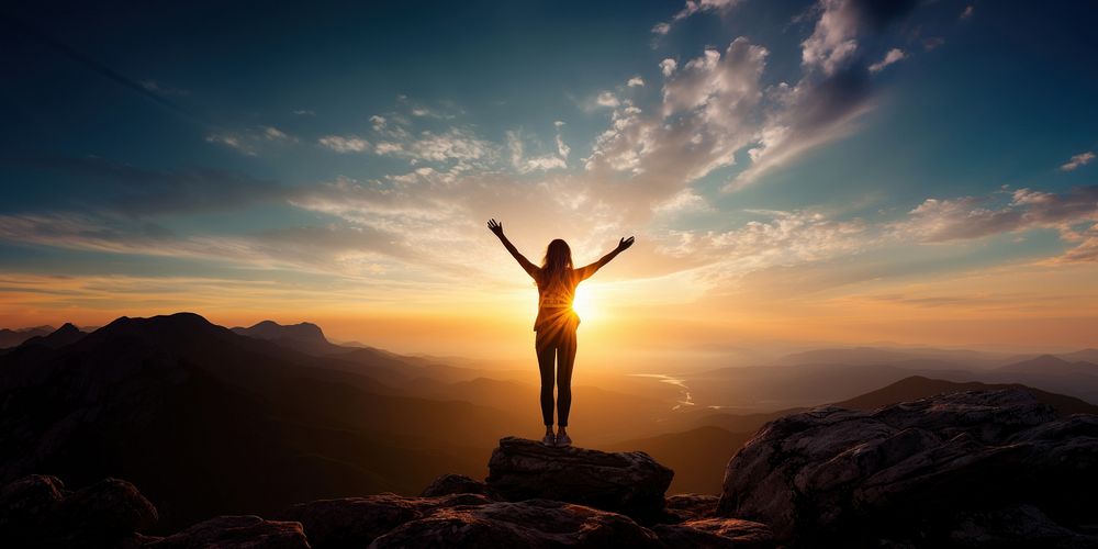 Carefree woman standing on the edge of mountain cliff. AI generated Image by rawpixel.