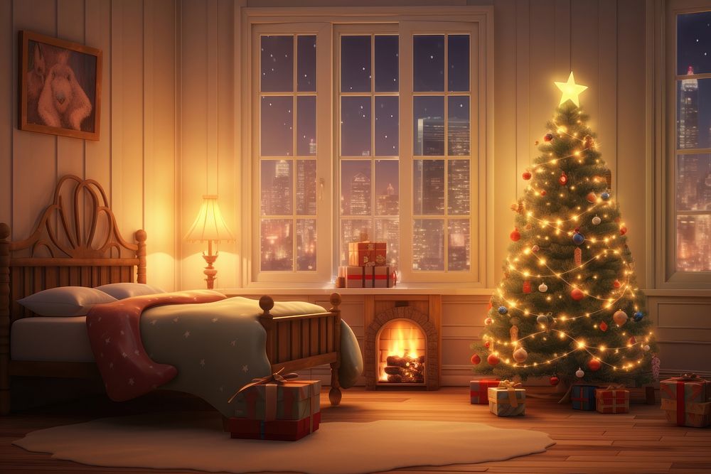 Christmas night furniture fireplace lighting. AI generated Image by rawpixel.
