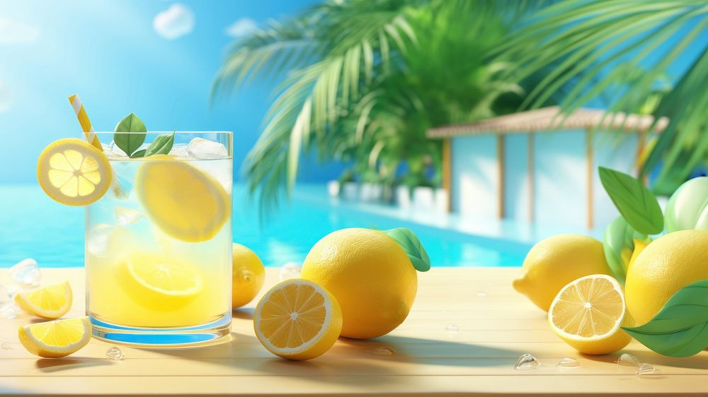 Scene of 3d illustration lemonade, summer, whole lemonade in swimming pool, clean backgrounds.  