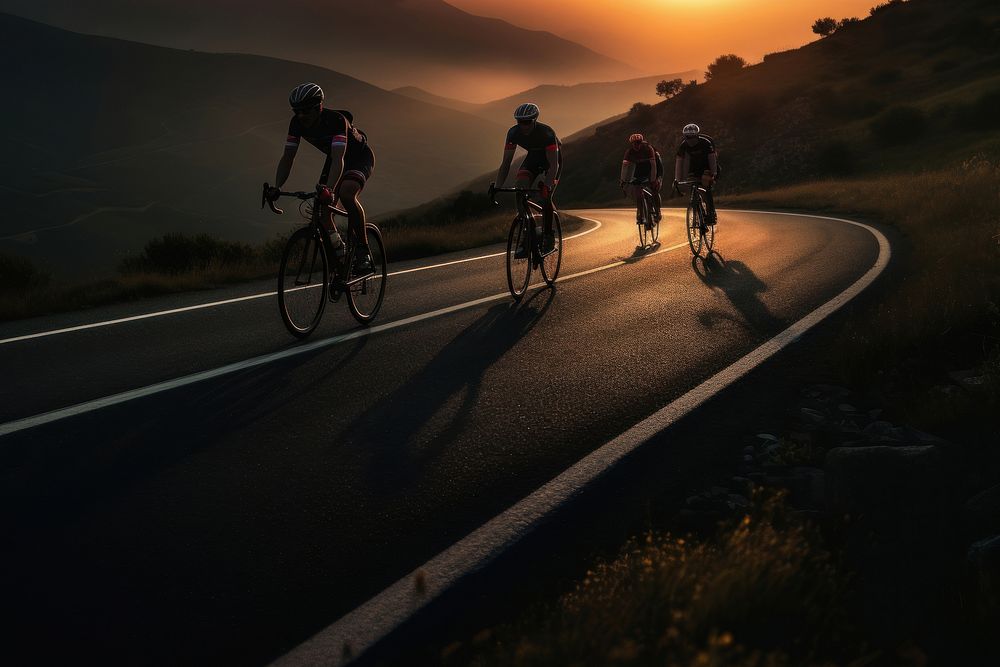 side view Photo of 3 man bicycling on the mountain road, sunset.  