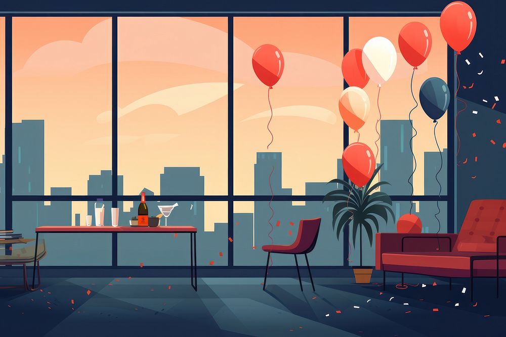 Office party celebration background balloon chair city. AI generated Image by rawpixel.