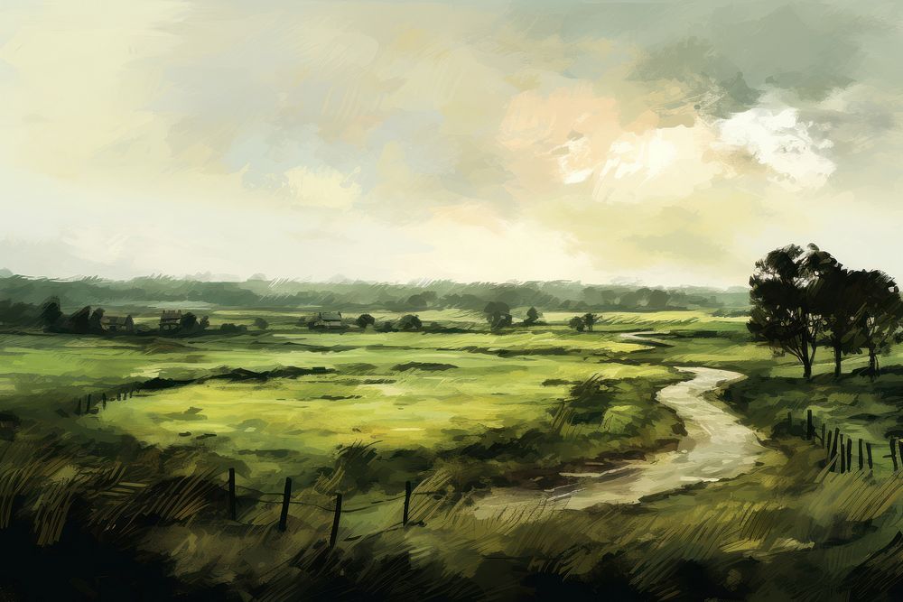 Countryside landscape grassland outdoors painting. AI generated Image by rawpixel.