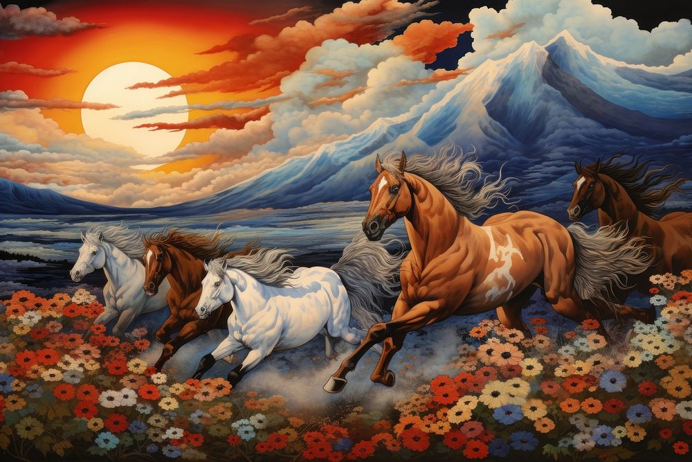 Horse running wallpaper painting stallion outdoors. AI generated Image by rawpixel.