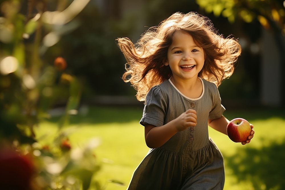 A little girl apple cheerful smiling. AI generated Image by rawpixel.