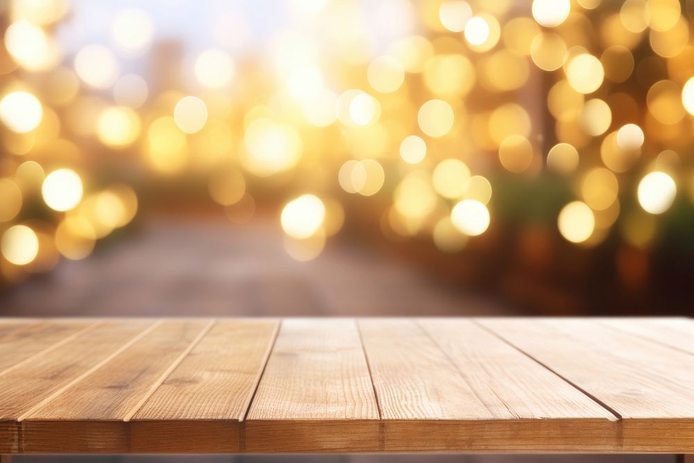 Empty wooden table backgrounds lighting outdoors. AI generated Image by rawpixel.