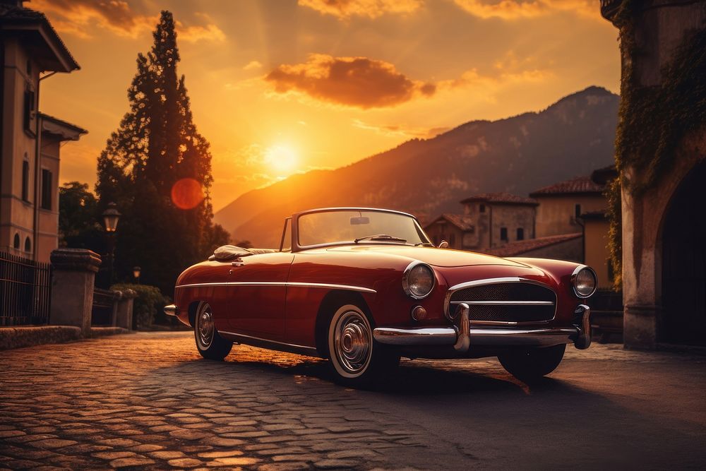Vintage car wallpaper outdoors vehicle sunset. AI generated Image by rawpixel.