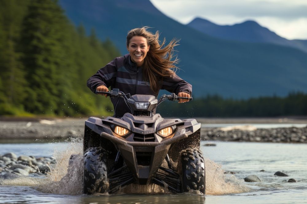 Woman riding ATV motorcycle mountain outdoors. AI generated Image by rawpixel.