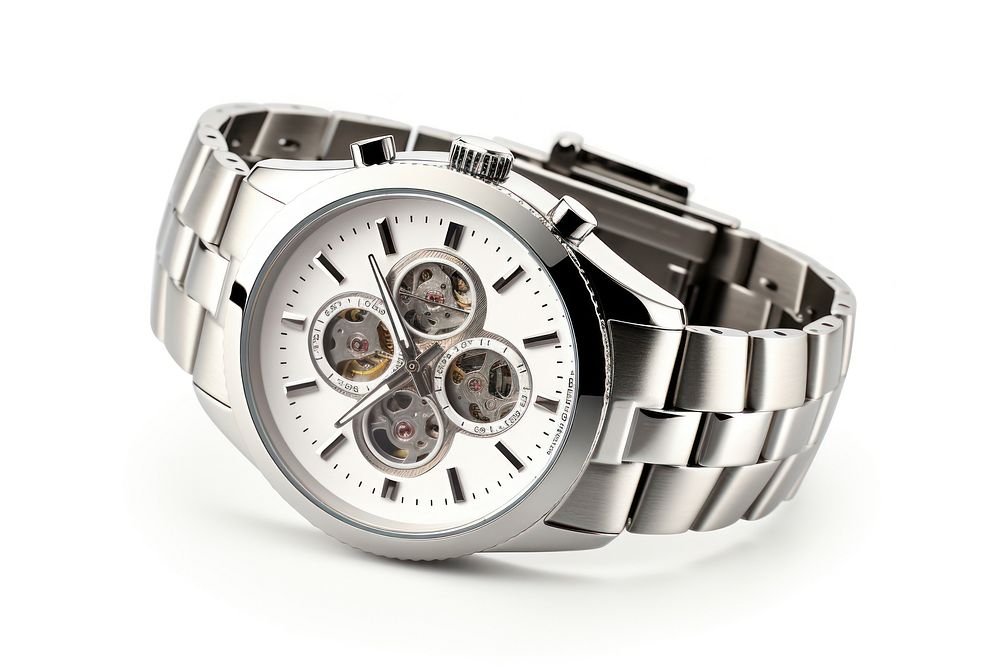 Wristwatch silver white background clockworks. AI generated Image by rawpixel.
