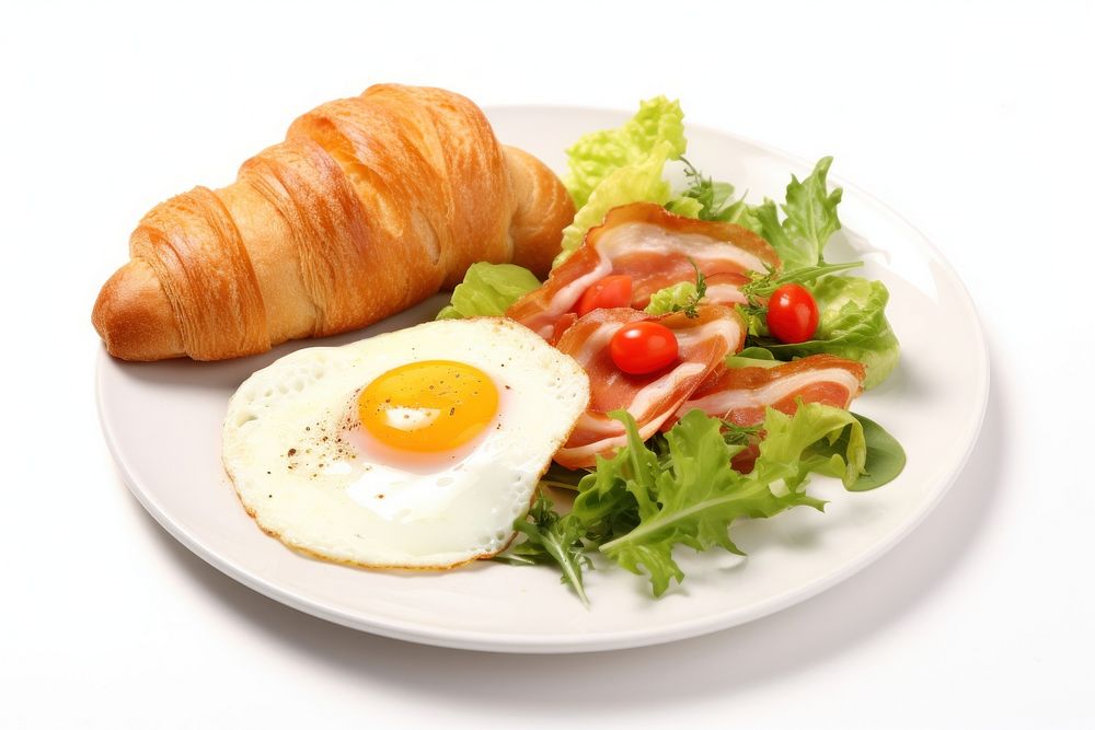 Breakfast plate egg croissant bread. AI generated Image by rawpixel.
