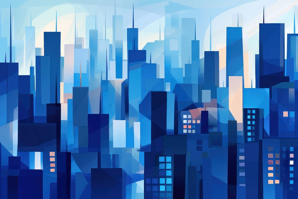 Cubism cityscape metropolis blue architecture. 