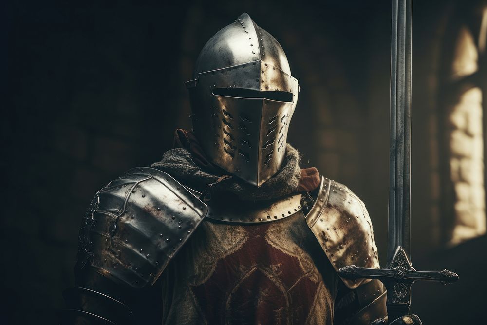 Medieval knight helmet weapon sword. AI generated Image by rawpixel.