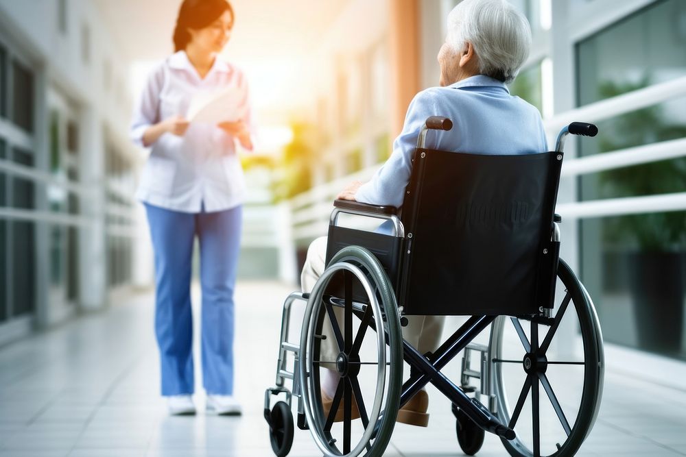 Nurse pushing wheelchair adult architecture. AI generated Image by rawpixel.