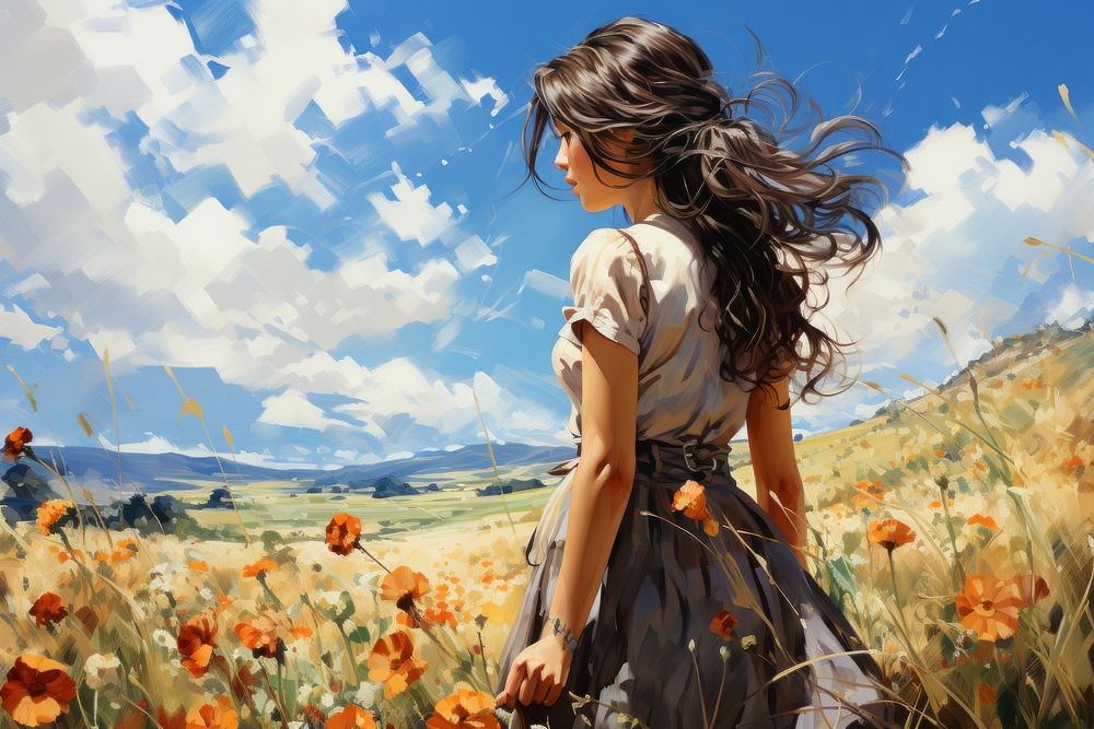 Anime girl standing painting flower field. AI generated Image by rawpixel.