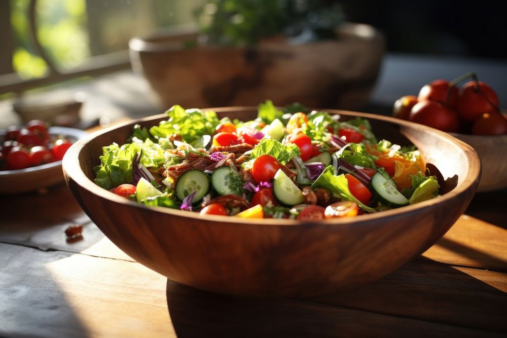 Salad bowl food wood. AI generated Image by rawpixel.