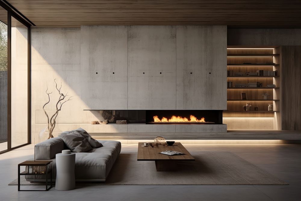 Concrete house luxurious modern interior architecture fireplace furniture. AI generated Image by rawpixel.