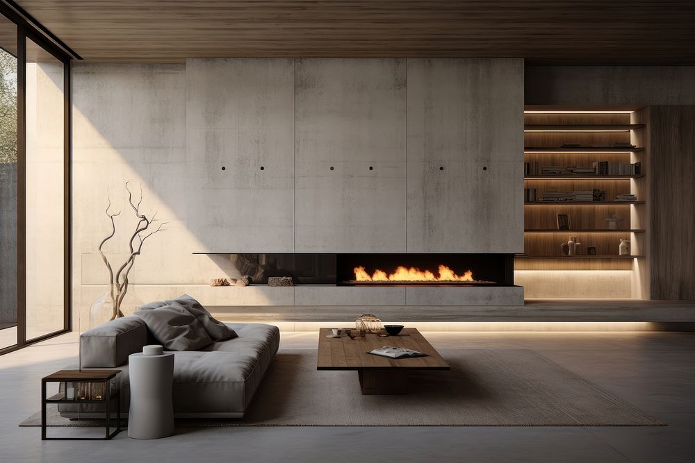 Concrete house luxurious modern interior architecture fireplace furniture. 