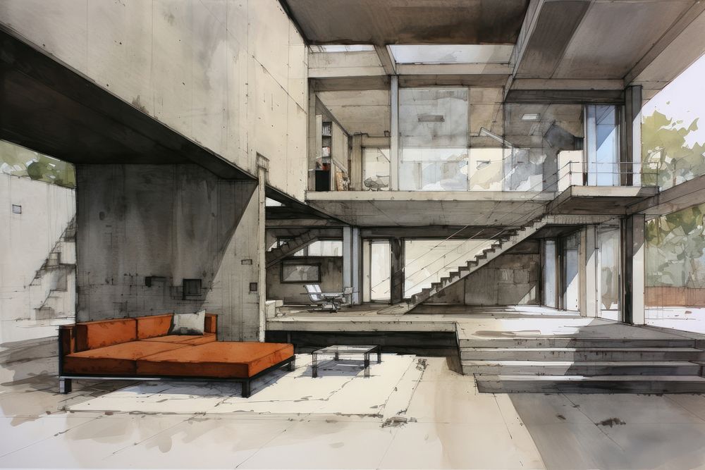 Concrete house architecture staircase furniture. AI generated Image by rawpixel.