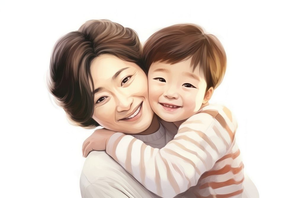 Asian kid hug smiling mother portrait hugging adult. AI generated Image by rawpixel.
