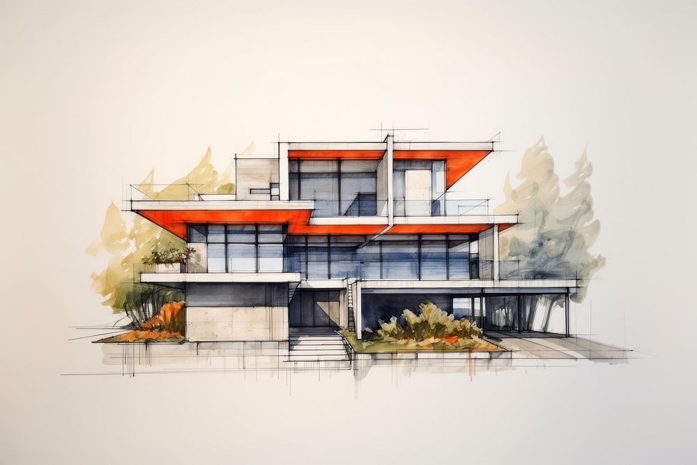 Concrete house modern construction minimalistic sketch architecture building.