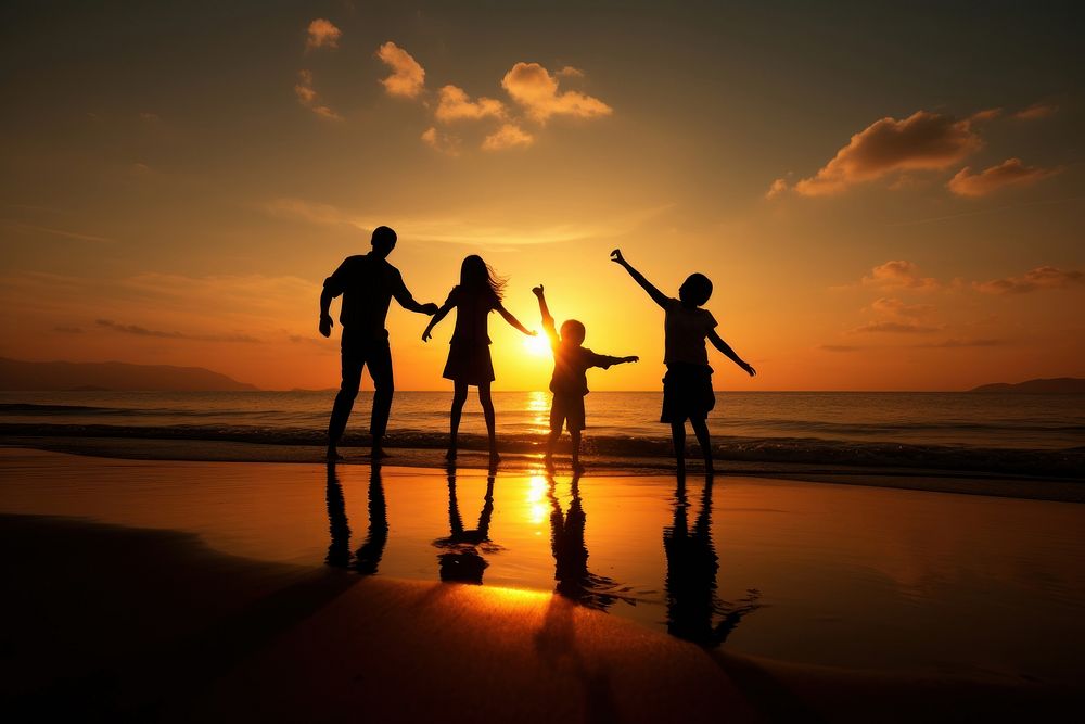 Asian family beach silhouette vacation. 