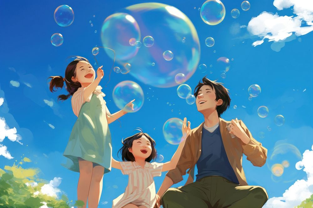 Asian family having fun blowing bubble adult. 