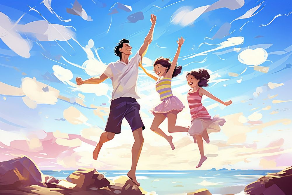 Asian family jumping holiday beach. AI generated Image by rawpixel.