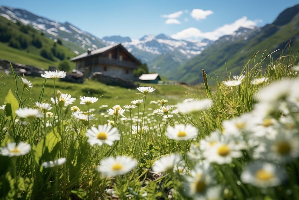 Chalet among white flowers landscape grassland outdoors. AI generated Image by rawpixel.