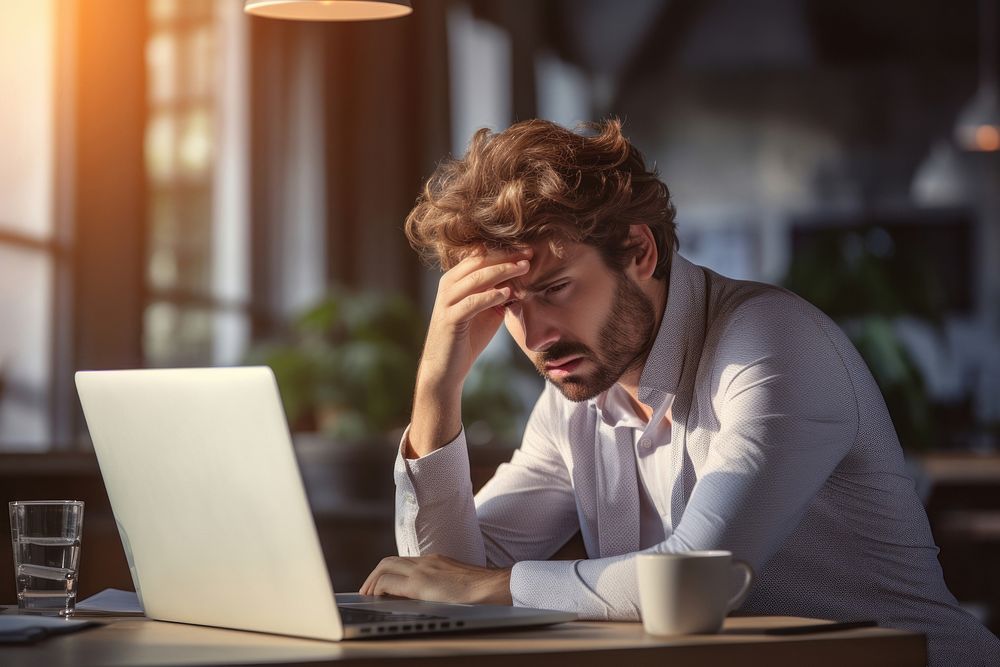 Computer laptop worried anxiety. AI generated Image by rawpixel.