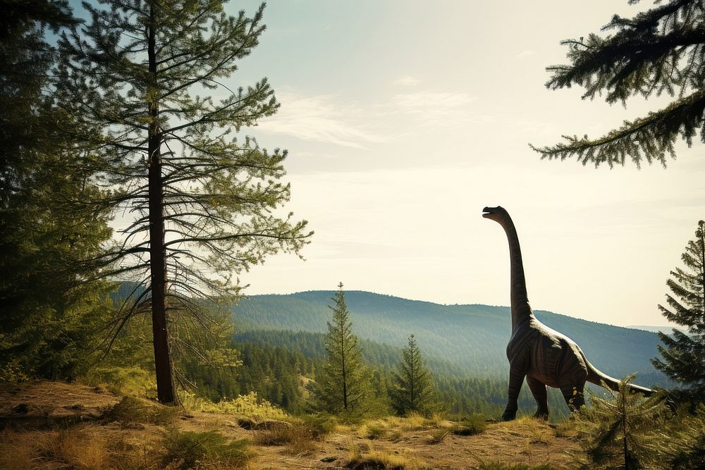 Apatosaurus nature tree wilderness. AI generated Image by rawpixel.
